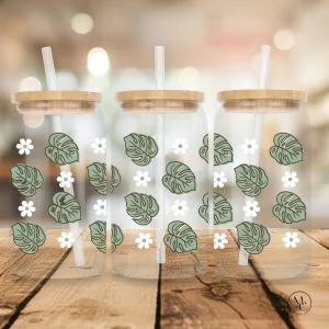 Verre en verre clair 16 oz avec couvercle en bambou et paille - Monstera