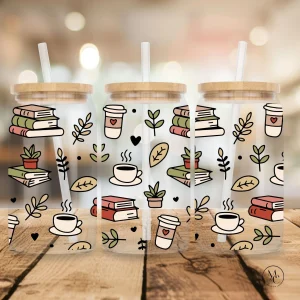 Verre en verre clair 16 oz avec couvercle en bambou et paille - Livres & café