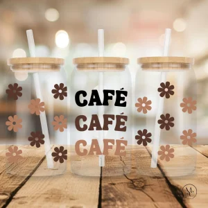 Verre en verre clair 16 oz avec couvercle en bambou et paille - CAFÉ