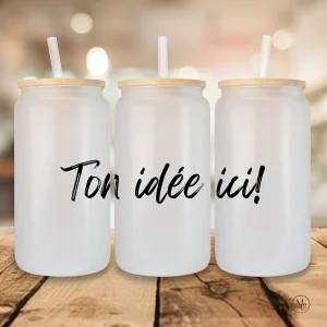 Verre en verre givré 16 oz avec couvercle en bambou et paille - À PERSONNALISER