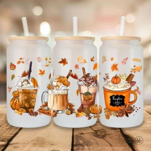 Verre en verre givré 16 oz avec couvercle en bambou et paille - PUMPKIN SPICE