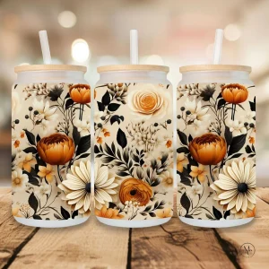 Verre en verre givré 16 oz avec couvercle en bambou et paille - FLORAL AUTOMNAL
