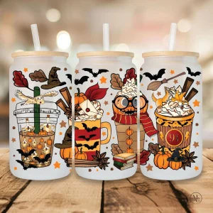 Verre en verre givré 16 oz avec couvercle en bambou et paille - HARRY PUMPKIN