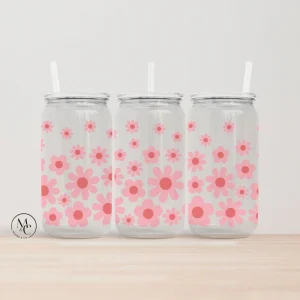 Verre en acrylique 16 oz avec couvercle et paille - couleurs variées - Fleurs roses