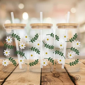 Verre en verre clair 16 oz avec couvercle en bambou et paille - Marguerites