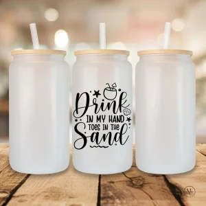 Verre en verre givré 16 oz avec couvercle en bambou et paille DRINK IN MY HAND