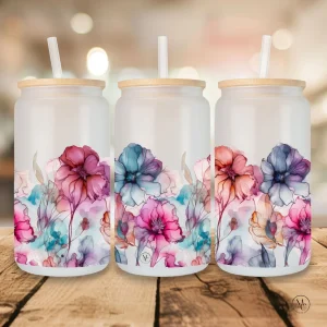 Verre en verre givré 16 oz avec couvercle en bambou et paille ENCRE DE FLEURS