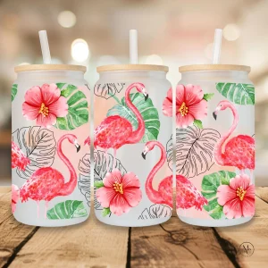 Verre en verre givré 16 oz avec couvercle en bambou et paille FLAMANTS
