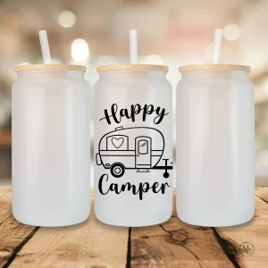 Verre en verre givré 16 oz avec couvercle en bambou et paille HAPPY CAMPER