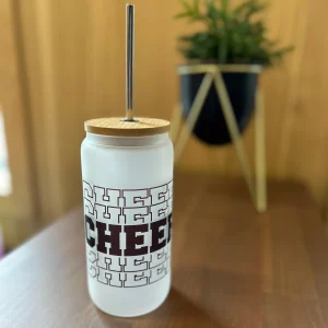 Verre en verre givré 16 oz avec couvercle en bambou et paille Cheer Mom