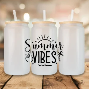 Verre en verre givré 16 oz avec couvercle en bambou et paille SUMMER VIBES