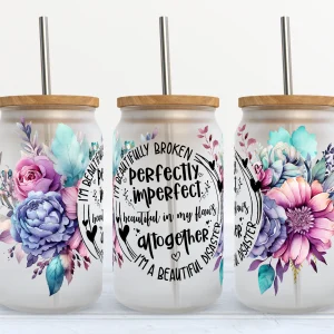 Verre en verre givré 16 oz avec couvercle en bambou et paille - Parfaitement imparfaite